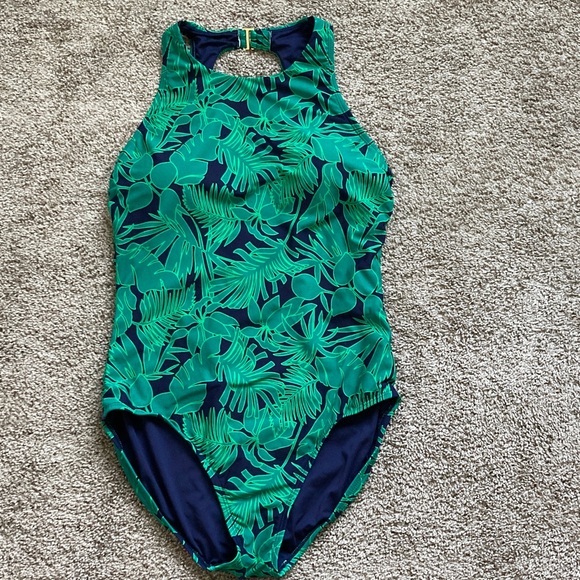 Lands' End High Neck Navy & Green Palm Leaf Print One-Piece UPF Swimsuit sz XL - Picture 2 of 7